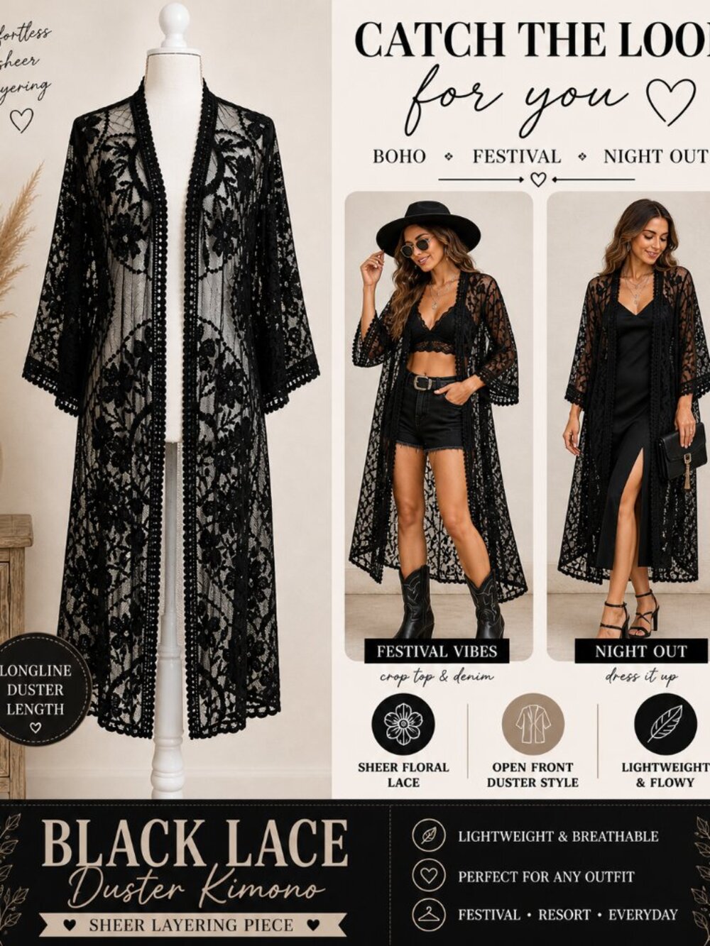 Black Floral Lace Kimono Cardigan Sheer Open Front Boho Festival